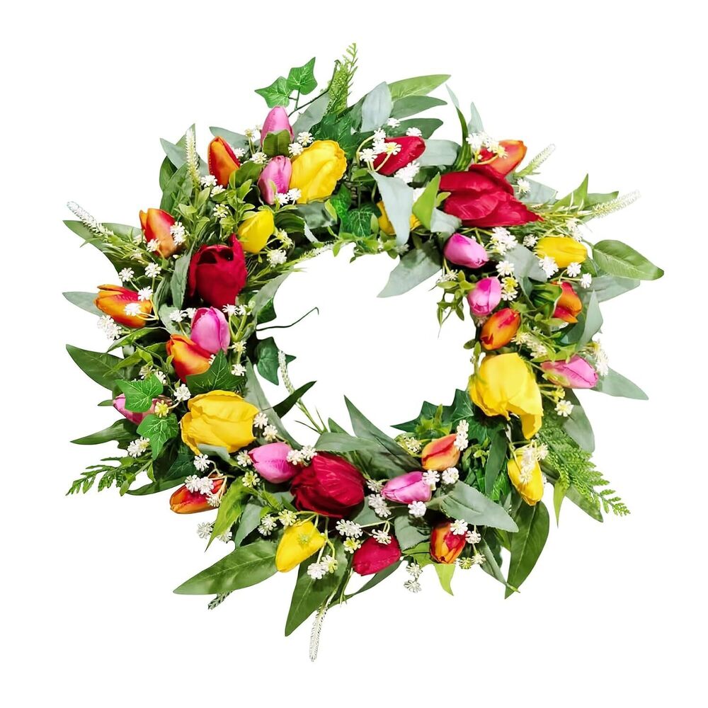 Tulip Wreaths for Front Door Decor, 22" Artificial Tulips Babysbreath Wreath